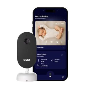 Owlet Dream Sight Gen 3 camera with black front and white base; phone illustrates the app and is not included